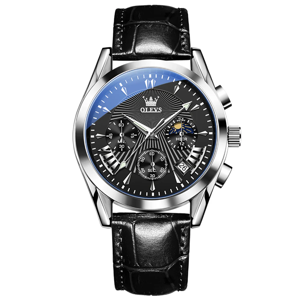 OLEVS 2876 Men  Watch Brown Leather Classic Analog Quartz Watch Week Date Casual Luminous Black/Blue/White Dial 3ATM Waterproof Wrist Watch - Image 13