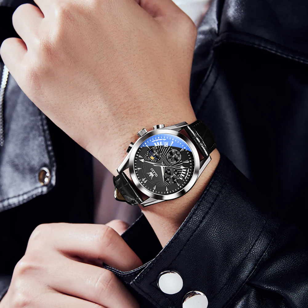 OLEVS 2876 Men  Watch Brown Leather Classic Analog Quartz Watch Week Date Casual Luminous Black/Blue/White Dial 3ATM Waterproof Wrist Watch - Image 14