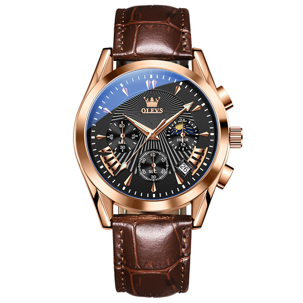 OLEVS 2876 Men  Watch Brown Leather Classic Analog Quartz Watch Week Date Casual Luminous Black/Blue/White Dial 3ATM Waterproof Wrist Watch - Image 19