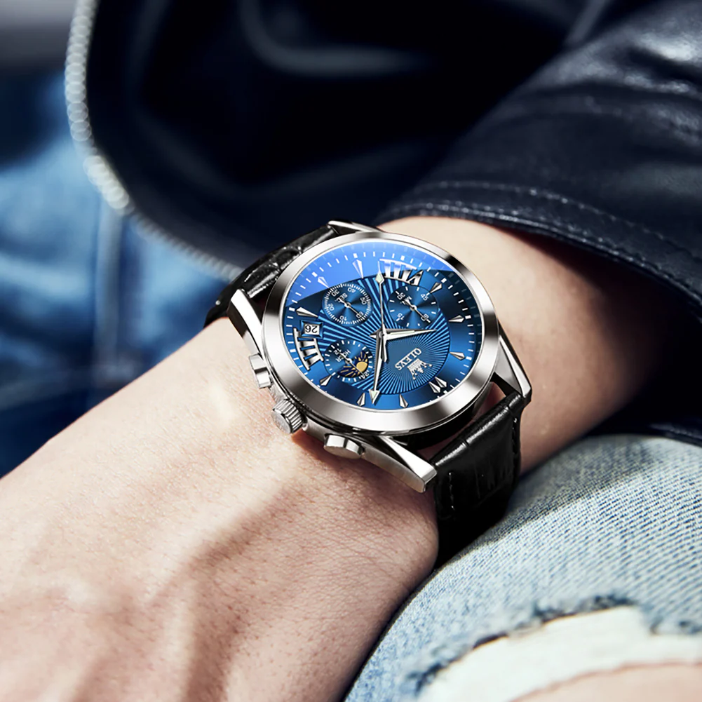 OLEVS 2876 Men  Watch Brown Leather Classic Analog Quartz Watch Week Date Casual Luminous Black/Blue/White Dial 3ATM Waterproof Wrist Watch - Image 4