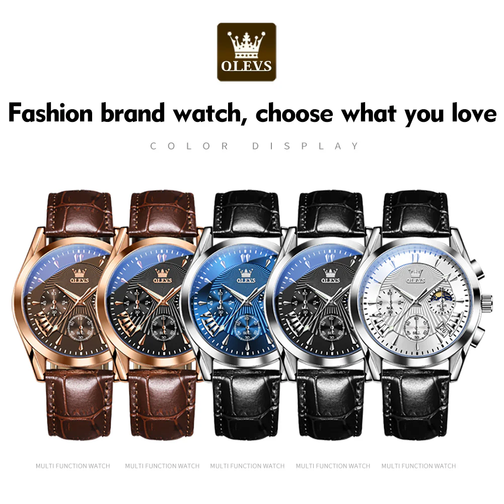 OLEVS 2876 Men  Watch Brown Leather Classic Analog Quartz Watch Week Date Casual Luminous Black/Blue/White Dial 3ATM Waterproof Wrist Watch - Image 6
