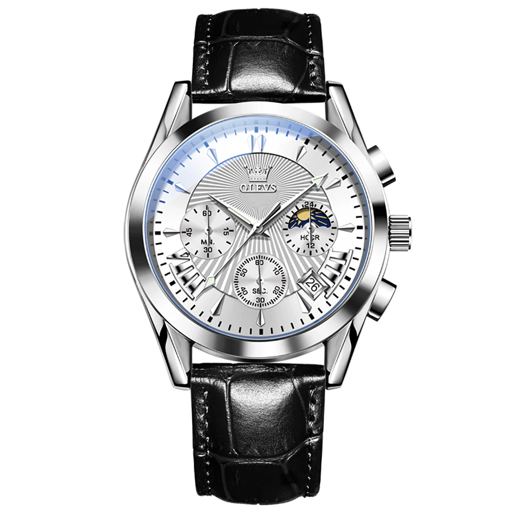 OLEVS 2876 Men  Watch Brown Leather Classic Analog Quartz Watch Week Date Casual Luminous Black/Blue/White Dial 3ATM Waterproof Wrist Watch - Image 7