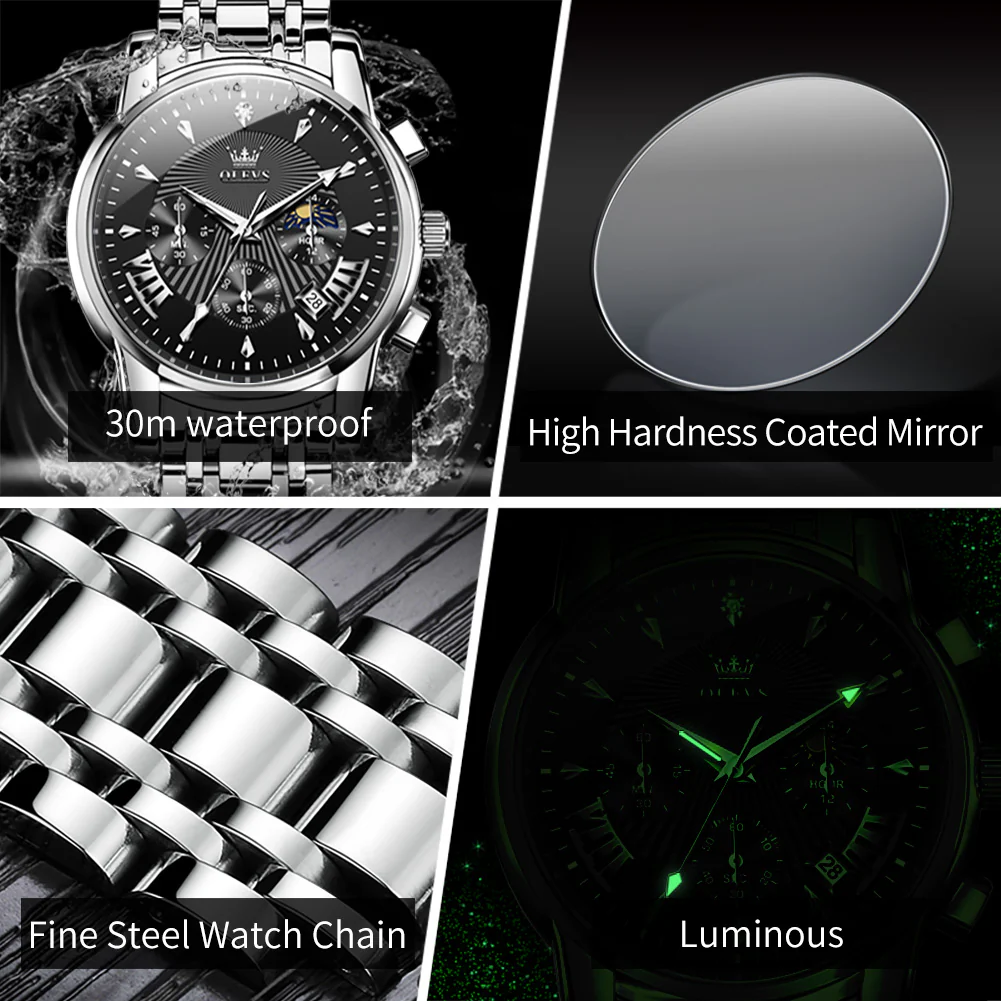OLEVS 2892 Men's Chronograph Quartz Watches Moon phase Texture Waterproof Stainless Steel Wrist Watch - Image 11
