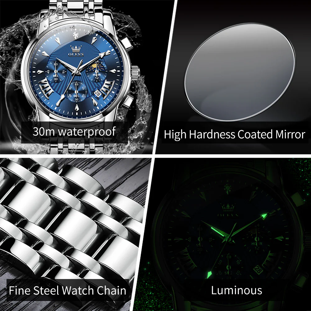 OLEVS 2892 Men's Chronograph Quartz Watches Moon phase Texture Waterproof Stainless Steel Wrist Watch - Image 17