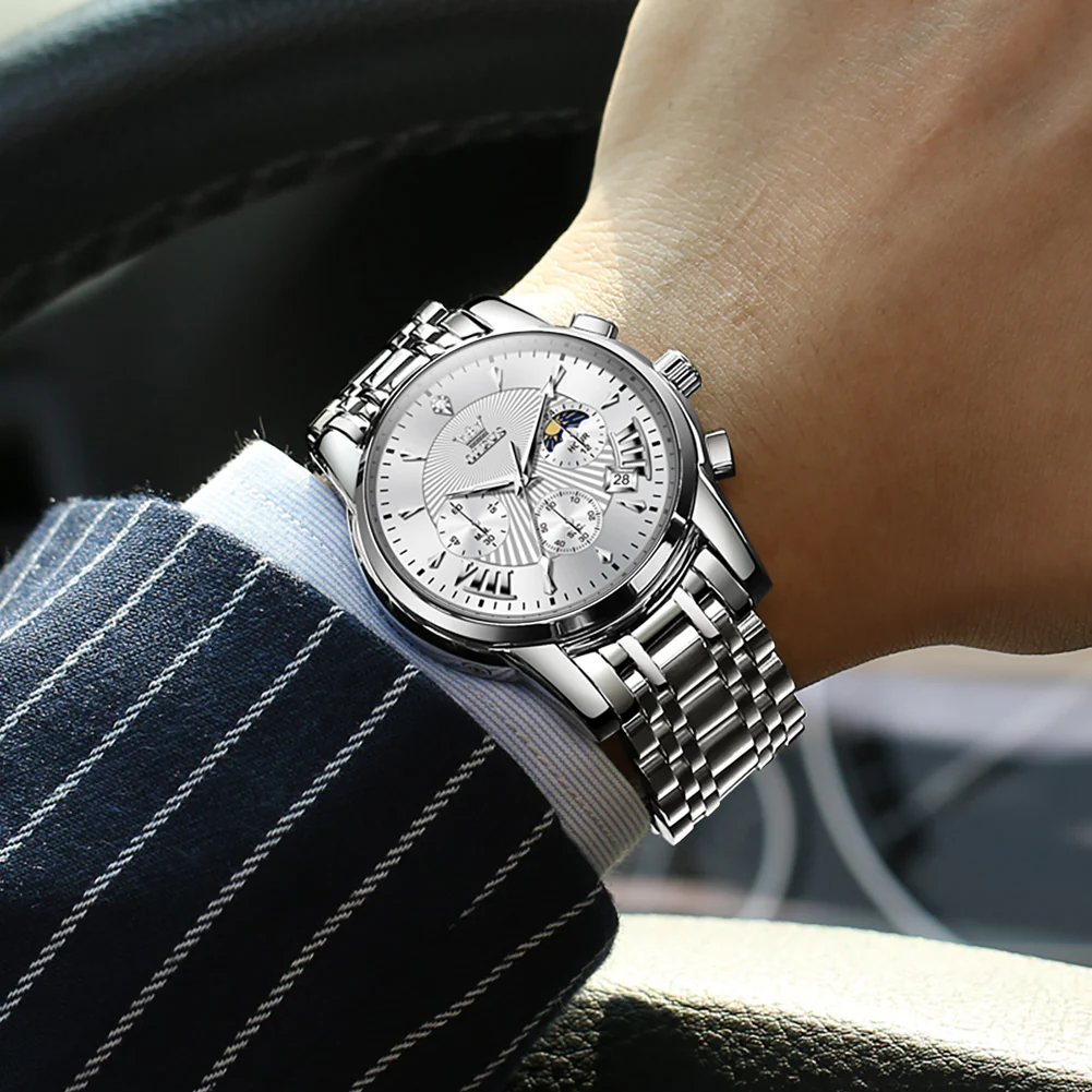 OLEVS 2892 Men's Chronograph Quartz Watches Moon phase Texture Waterproof Stainless Steel Wrist Watch - Image 3