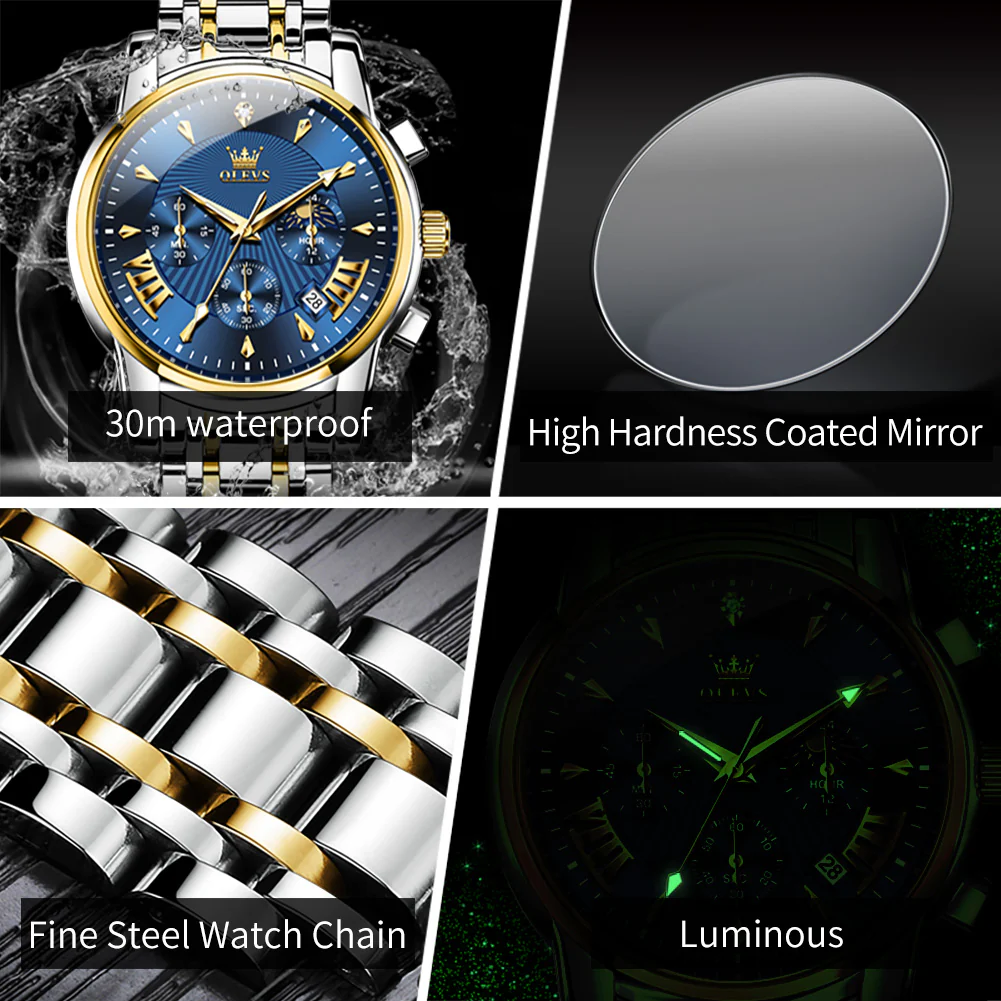 OLEVS 2892 Men's Chronograph Quartz Watches Moon phase Texture Waterproof Stainless Steel Wrist Watch - Image 35