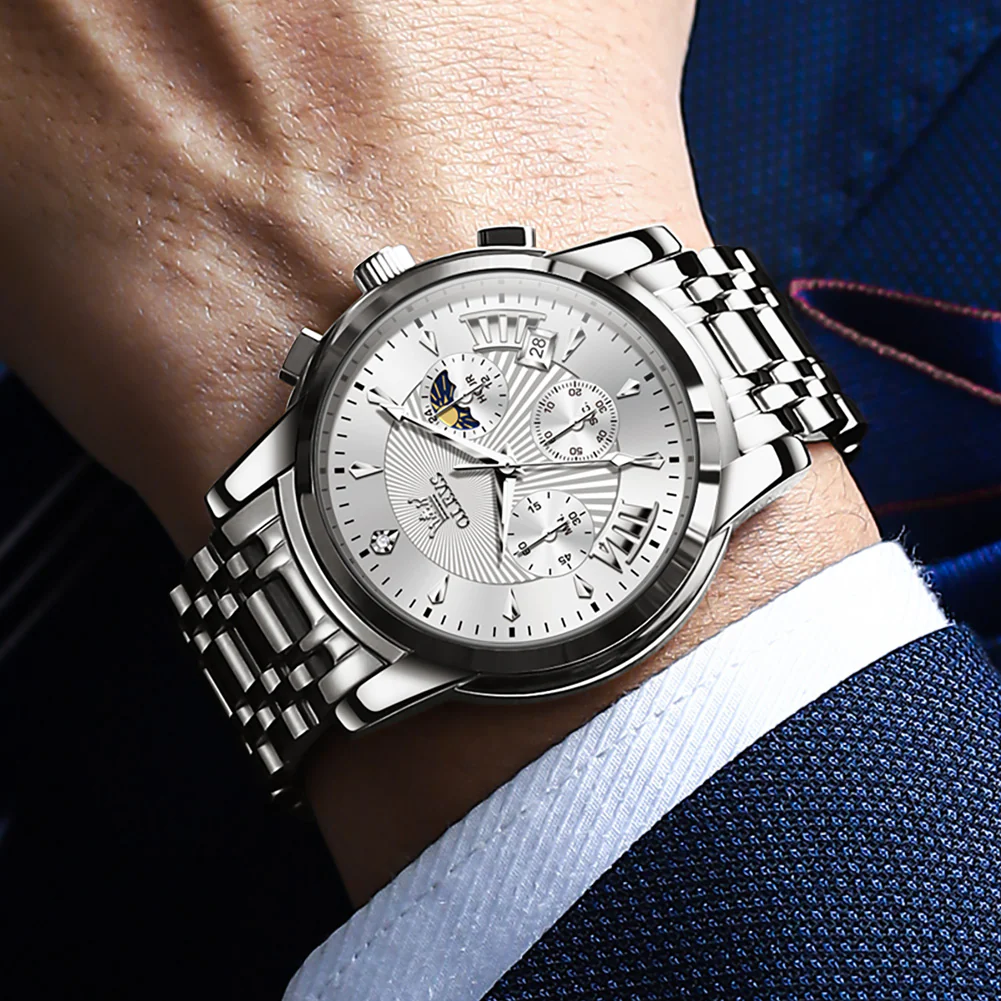 OLEVS 2892 Men's Chronograph Quartz Watches Moon phase Texture Waterproof Stainless Steel Wrist Watch - Image 4