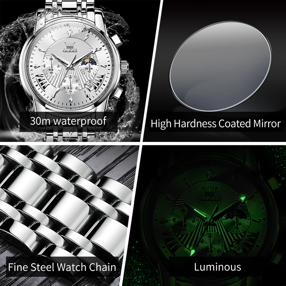 OLEVS 2892 Men's Chronograph Quartz Watches Moon phase Texture Waterproof Stainless Steel Wrist Watch - Image 5