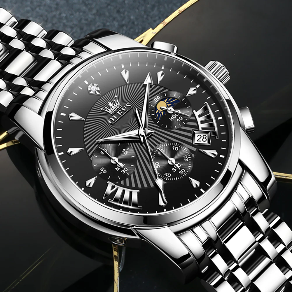 OLEVS 2892 Men's Chronograph Quartz Watches Moon phase Texture Waterproof Stainless Steel Wrist Watch - Image 8