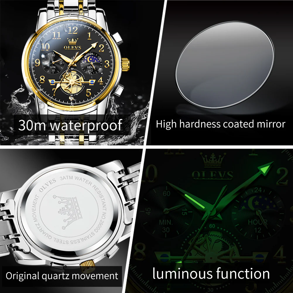 OLEVS 2900 Men's Quartz Watch with Numerals, 24-Hour and Moon Phase Sub-Dials, Chronograph, Perfect Gift - Image 17