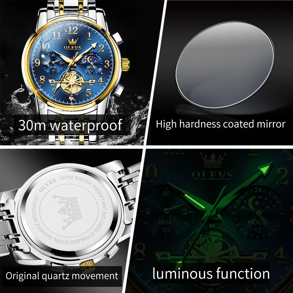 OLEVS 2900 Men's Quartz Watch with Numerals, 24-Hour and Moon Phase Sub-Dials, Chronograph, Perfect Gift - Image 23