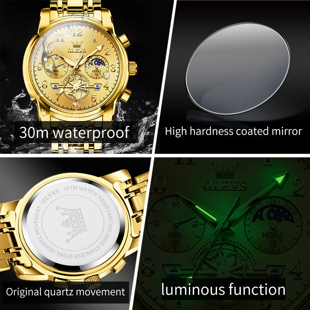 OLEVS 2900 Men's Quartz Watch with Numerals, 24-Hour and Moon Phase Sub-Dials, Chronograph, Perfect Gift - Image 5
