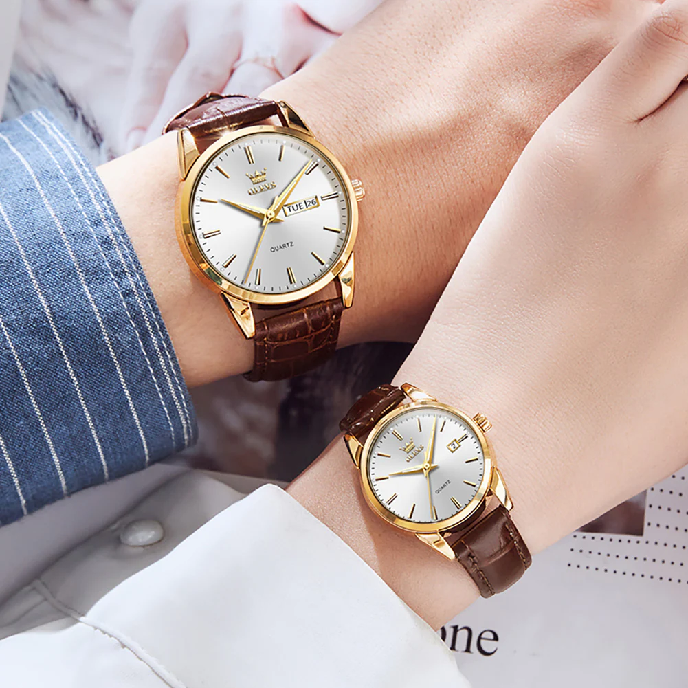 OLEVS 6898 Couple Watches - Classic Brown Leather, Analog Quartz, Romantic Waterproof Date Pair Watch for Men and Women - Image 15