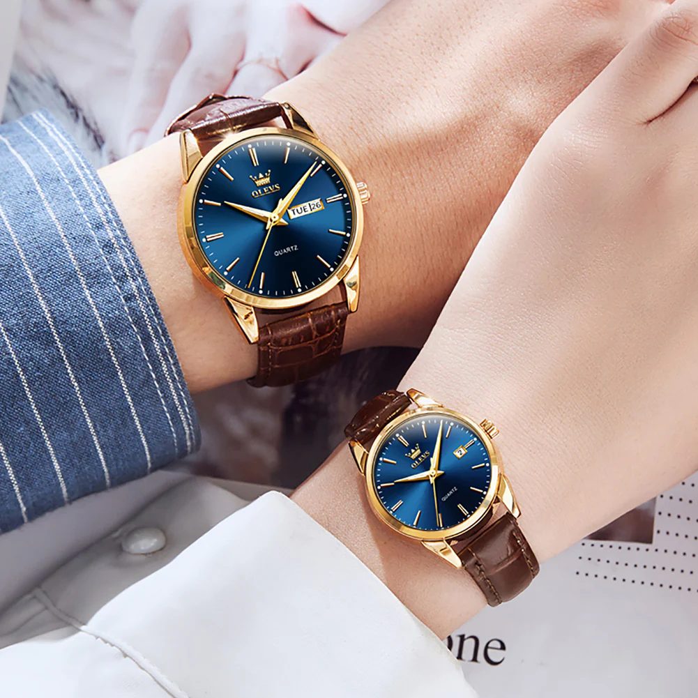 OLEVS 6898 Couple Watches - Classic Brown Leather, Analog Quartz, Romantic Waterproof Date Pair Watch for Men and Women - Image 3
