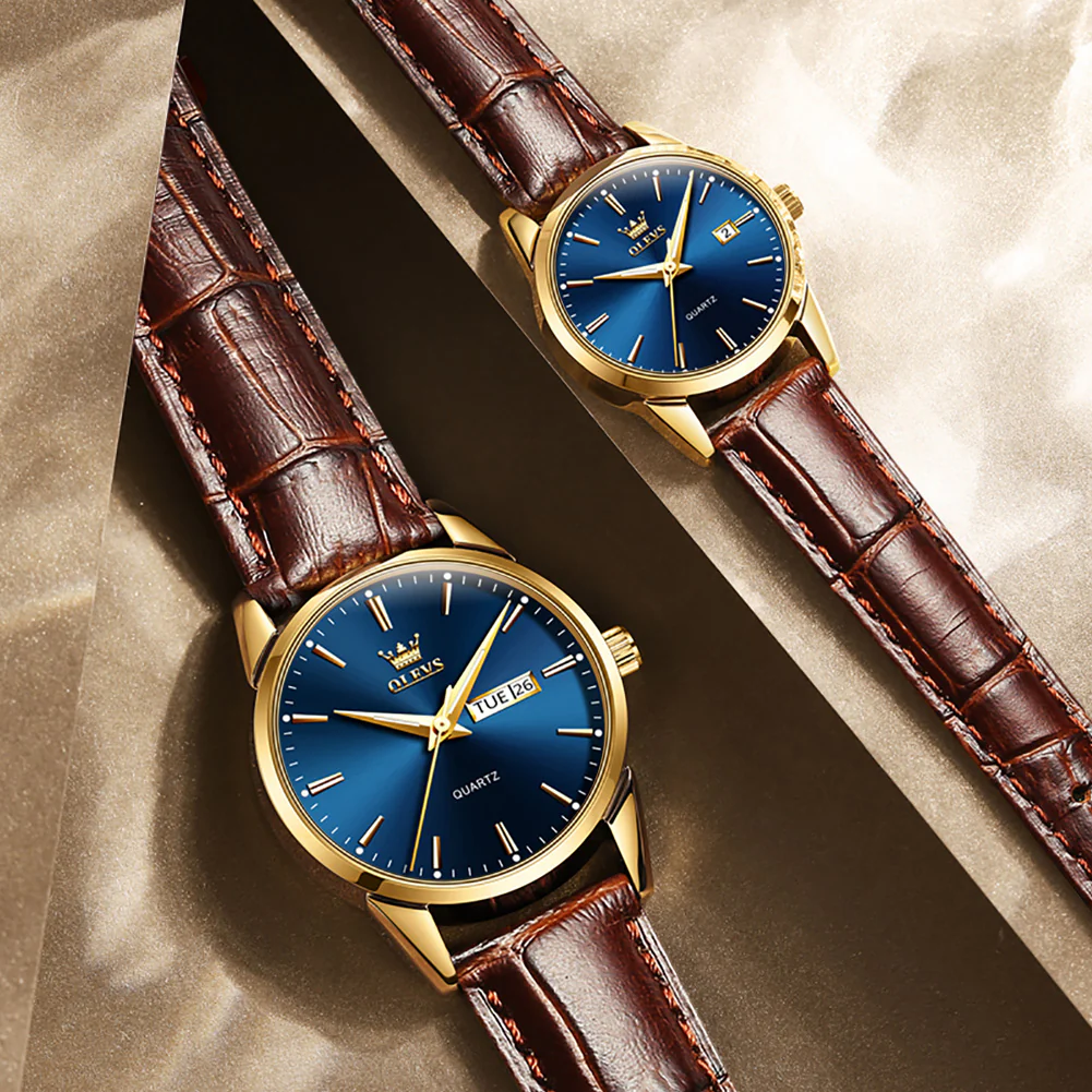OLEVS 6898 Couple Watches - Classic Brown Leather, Analog Quartz, Romantic Waterproof Date Pair Watch for Men and Women - Image 4