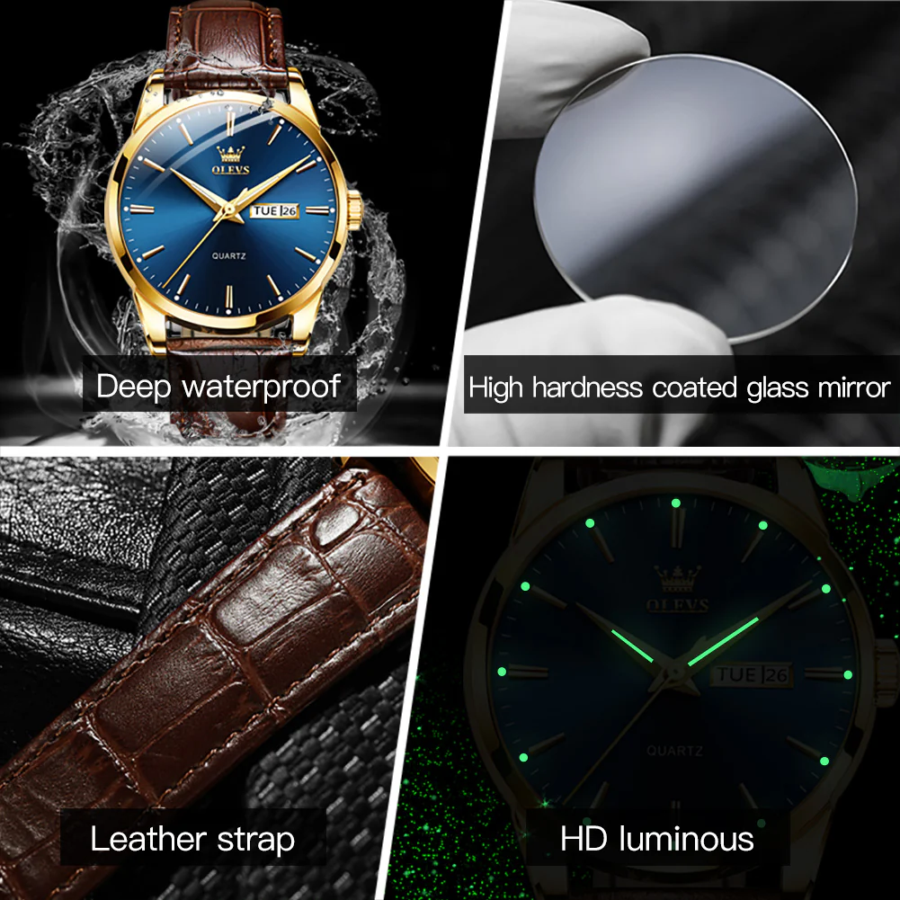 OLEVS 6898 Men's Chronograph Quartz Watch: Trendy Leather Strap Case, Day-Date Display, Waterproof Stainless Steel, Luminous Hands - Image 5