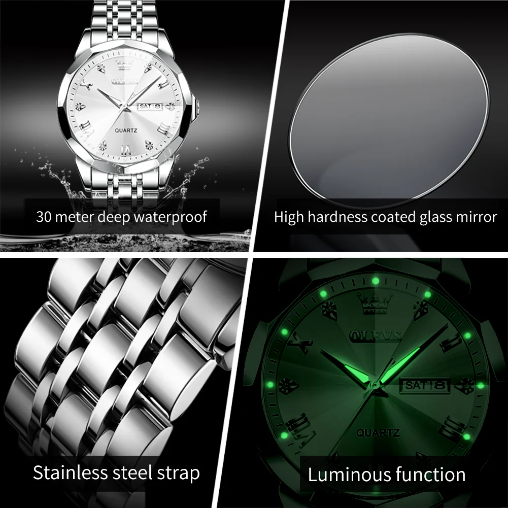 OLEVS 9931 Couple Watches His and Her Fashion Dresse Romantic Set Pair Matching Stainless Steel Strap Luminous Waterproof Wrist Watch - Image 11