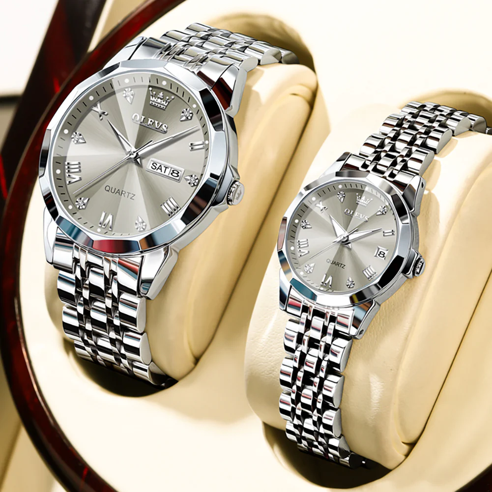OLEVS 9931 Couple Watches His and Her Fashion Dresse Romantic Set Pair Matching Stainless Steel Strap Luminous Waterproof Wrist Watch - Image 38