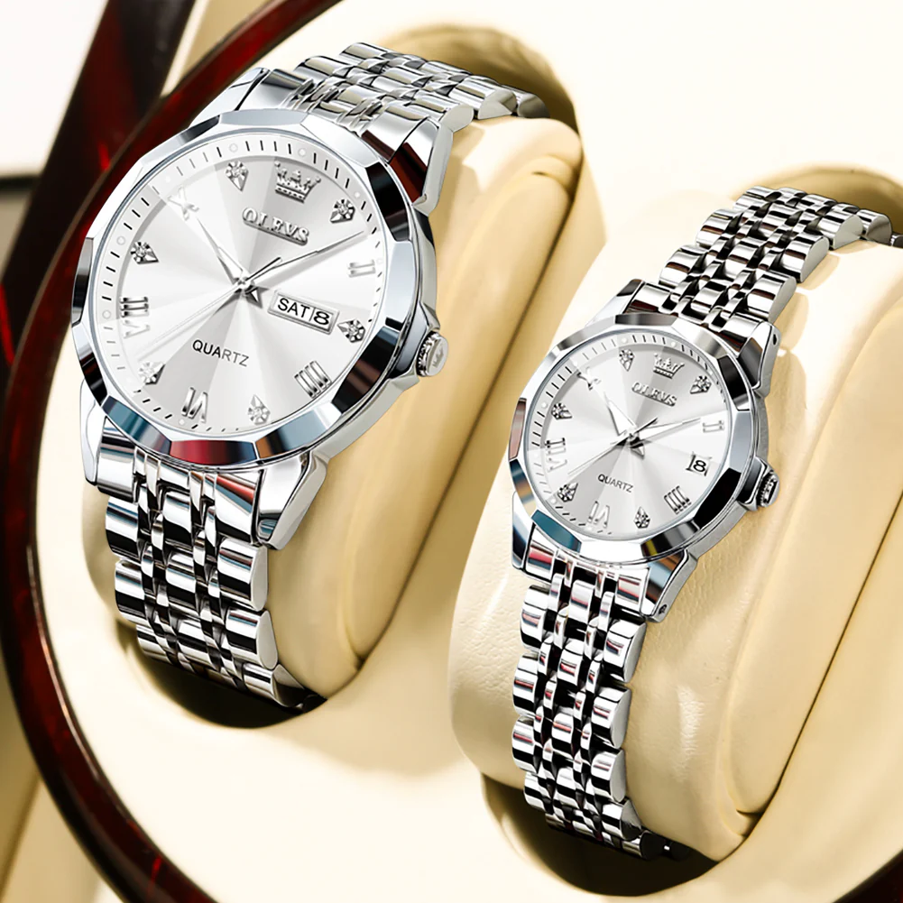 OLEVS 9931 Couple Watches His and Her Fashion Dresse Romantic Set Pair Matching Stainless Steel Strap Luminous Waterproof Wrist Watch - Image 8