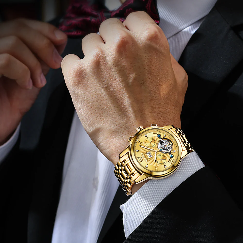 OLEVS 9910 Automatic Watches for Men Gold Luxury Dress Wrist Watch Self Winding Mechanical Skeleton Tourbillon Watch - Image 10