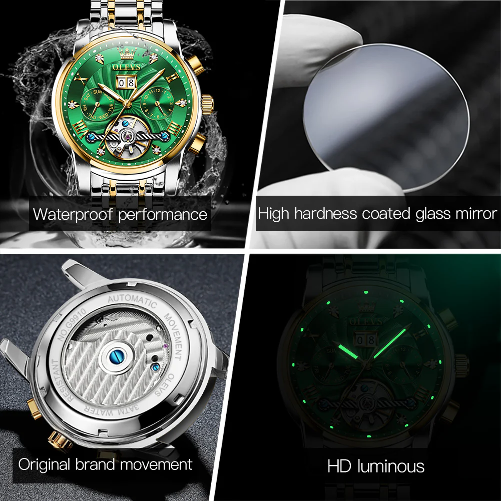 OLEVS 9910 Automatic Watches for Men Gold Luxury Dress Wrist Watch Self Winding Mechanical Skeleton Tourbillon Watch - Image 34