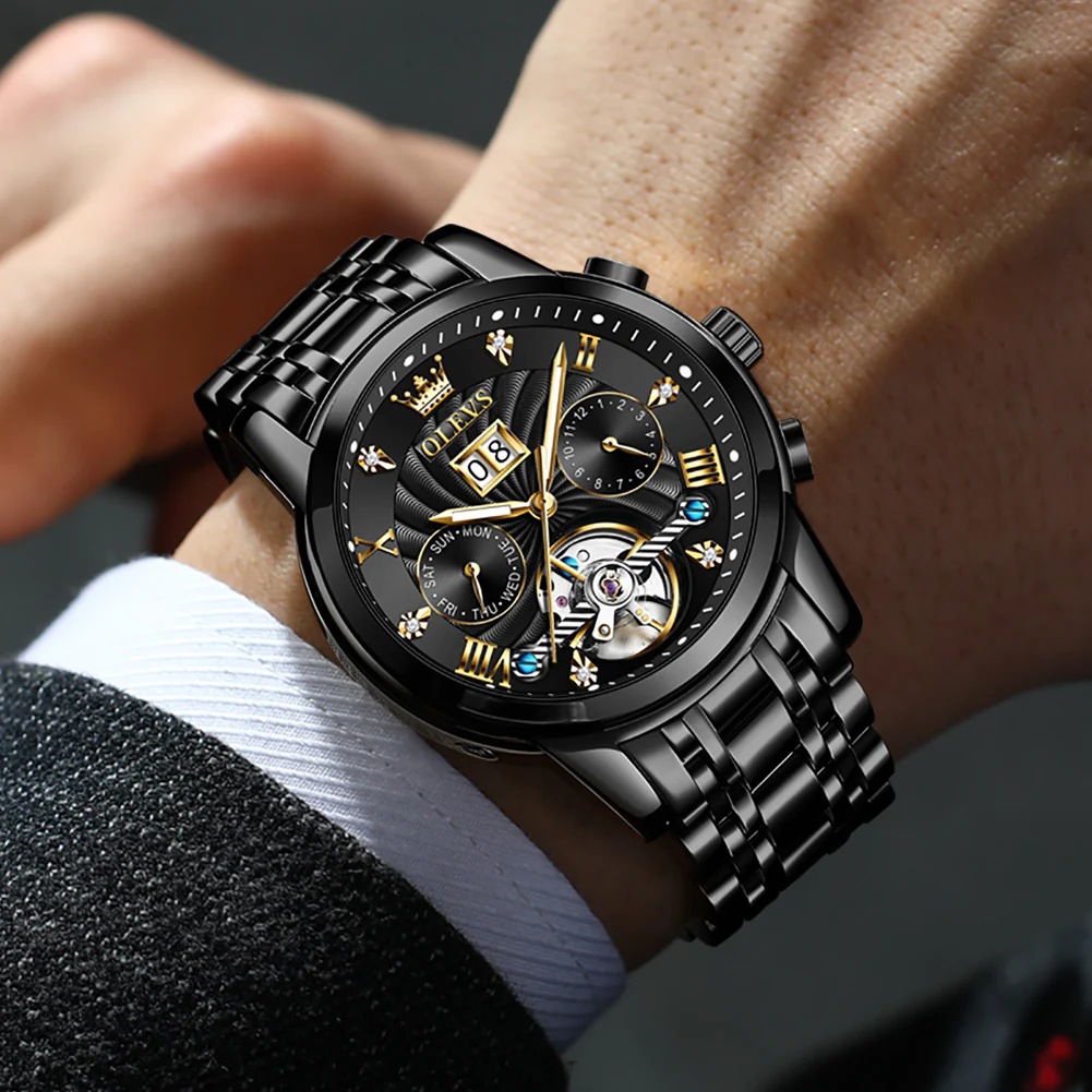 OLEVS 9910 Automatic Watches for Men Gold Luxury Dress Wrist Watch Self Winding Mechanical Skeleton Tourbillon Watch - Image 37