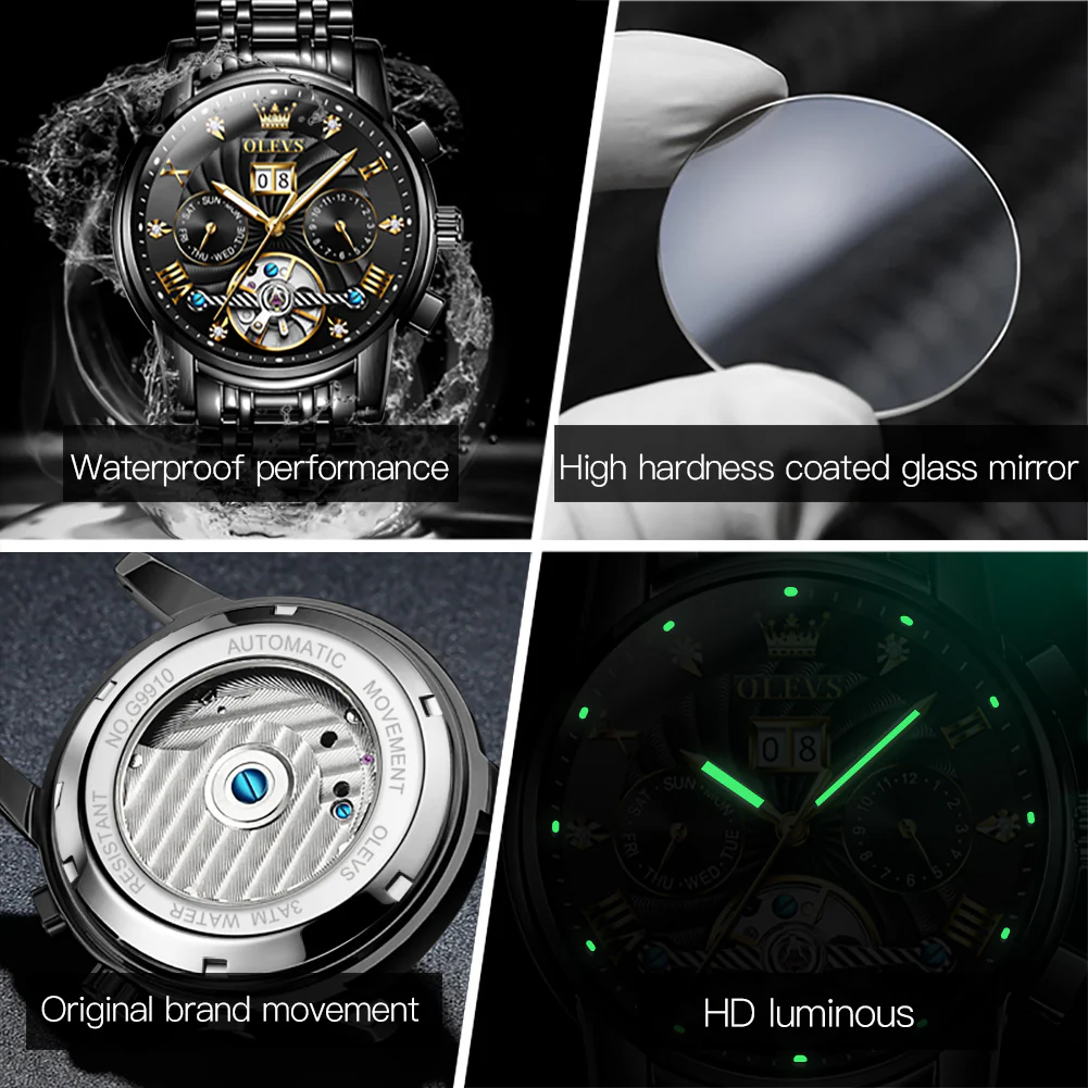 OLEVS 9910 Automatic Watches for Men Gold Luxury Dress Wrist Watch Self Winding Mechanical Skeleton Tourbillon Watch - Image 40