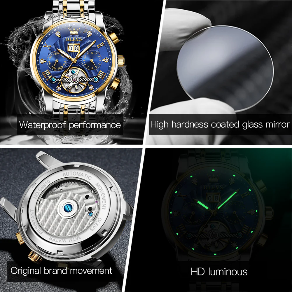 OLEVS 9910 Automatic Watches for Men Gold Luxury Dress Wrist Watch Self Winding Mechanical Skeleton Tourbillon Watch - Image 6