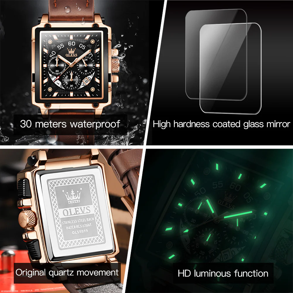 OLEVS 9919 Watches for Men Chronograph Fashion Dress Watch Waterproof Luminous Casual Square Wrist Watches - Image 6