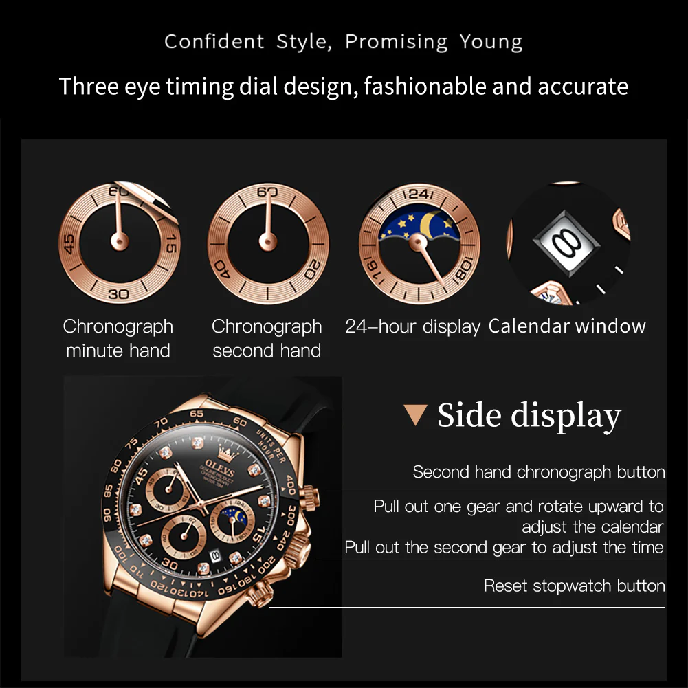OLEVS 2875 Watches for Men Chronograph Multifunction Diamond Luminous Waterproof Silicone Wrist Watches - Image 23