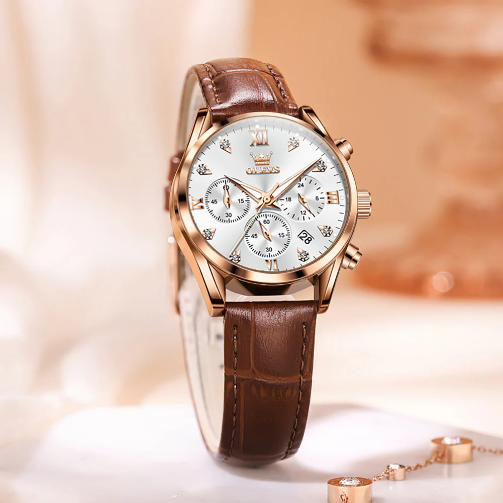OLEVS 5523 Womens Watches Brown Rose Gold Chronograph Casual Dress Waterproof Ladies Wrist Watch - Image 4
